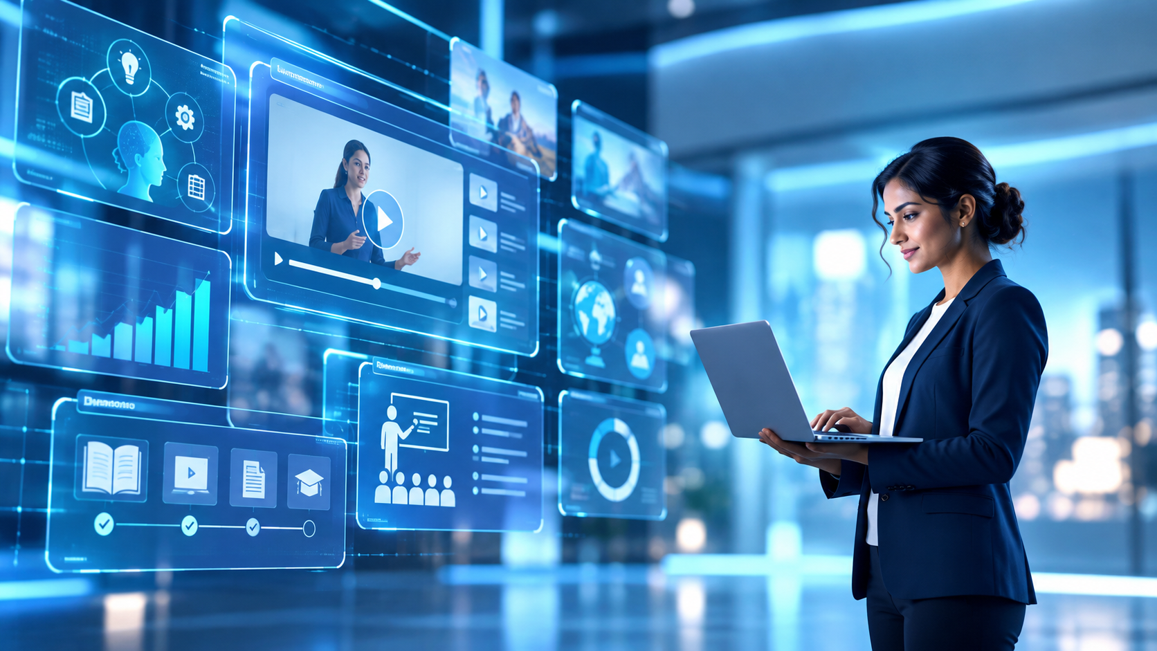 Professional using a laptop beside immersive digital learning panels