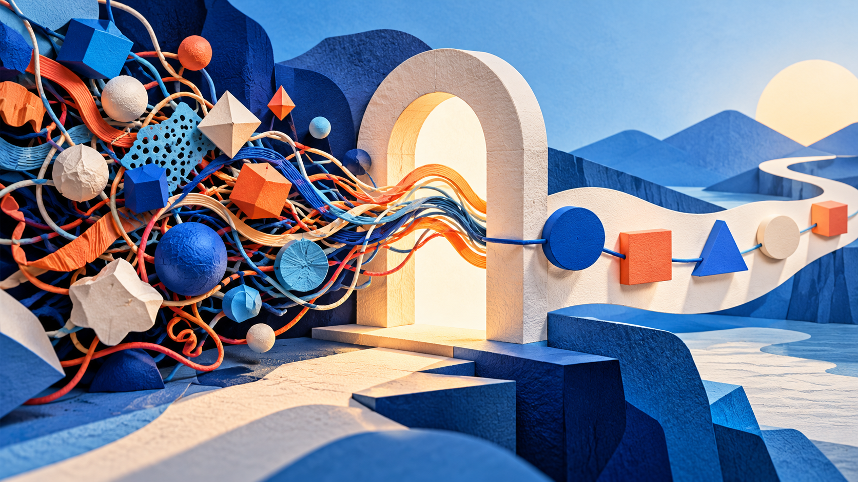 Colorful paper-craft metaphor showing a complex idea becoming a clear path