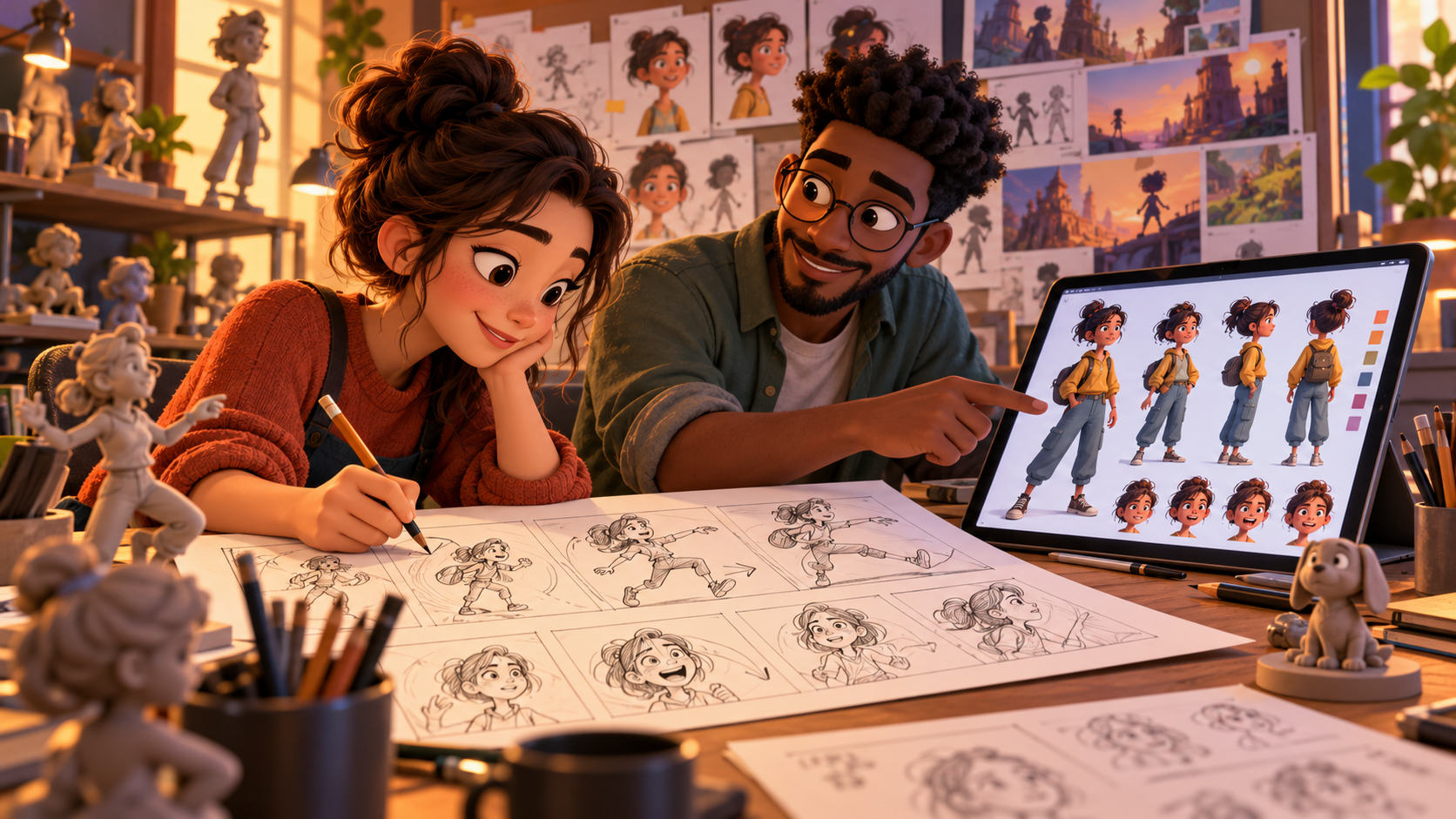 Animation artists developing character designs and storyboards