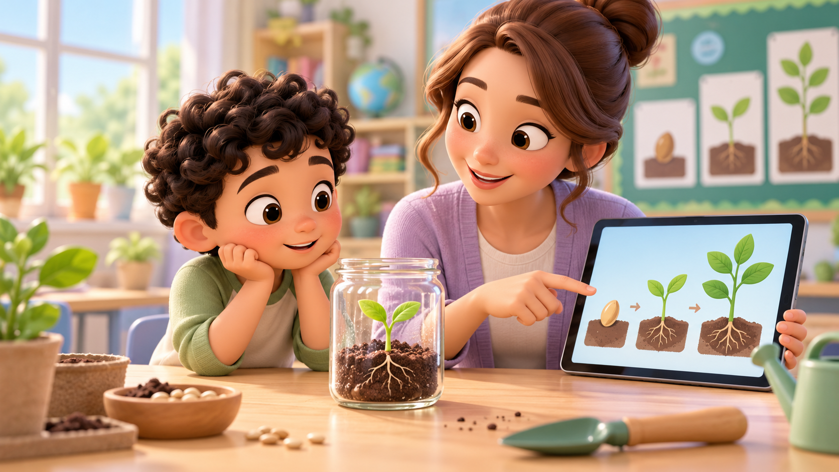 Child and teacher learning how a plant grows