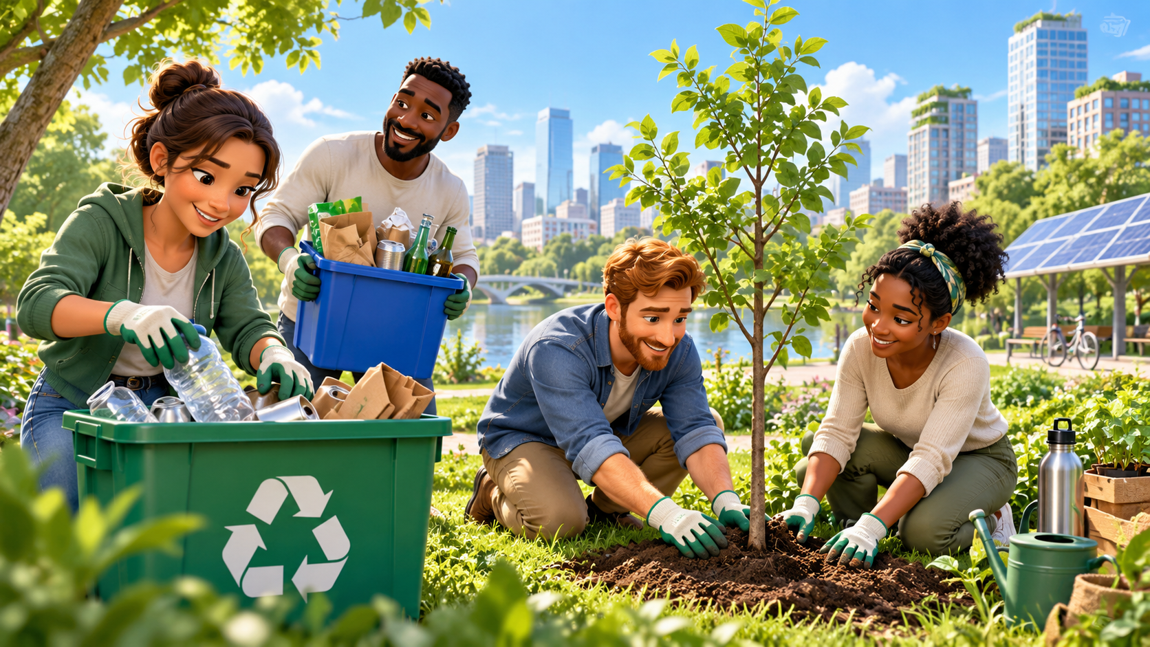 Colleagues recycling and planting a tree in a city park