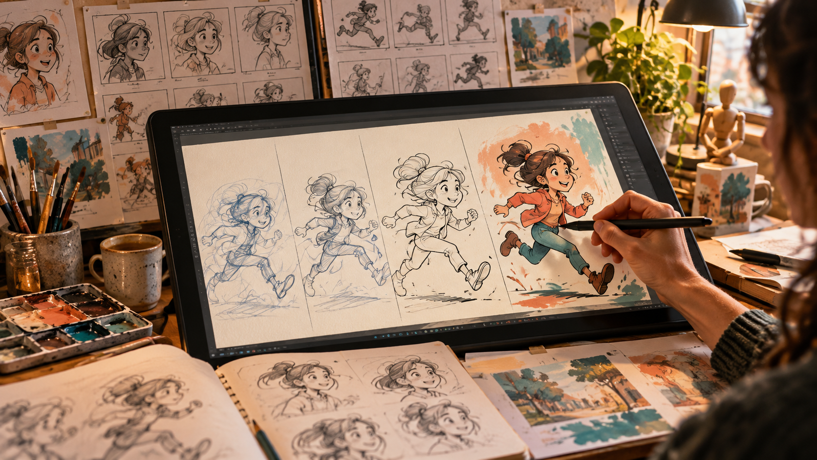 Animator drawing original storyboard frames on a digital tablet