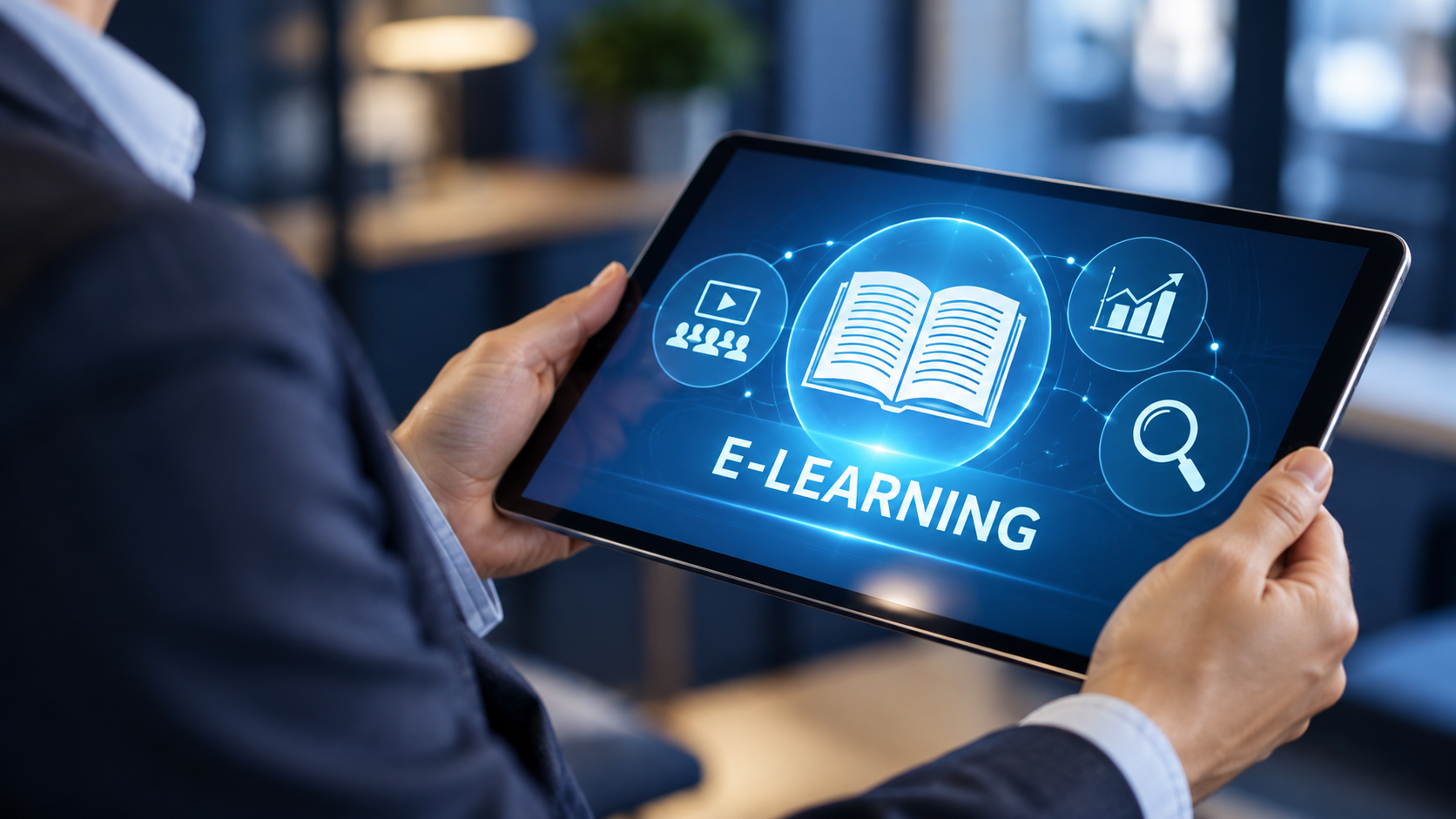 Professional holding a tablet displaying e-learning content and learning icons