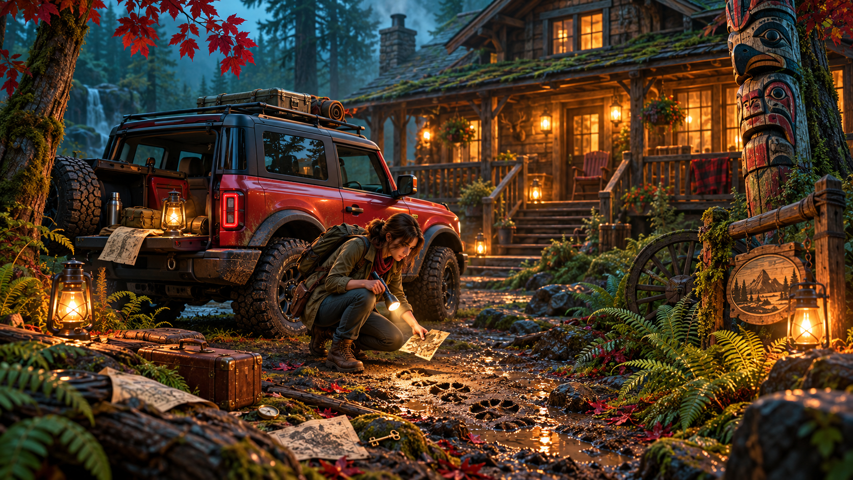 Investigator searching for clues outside a mysterious forest lodge